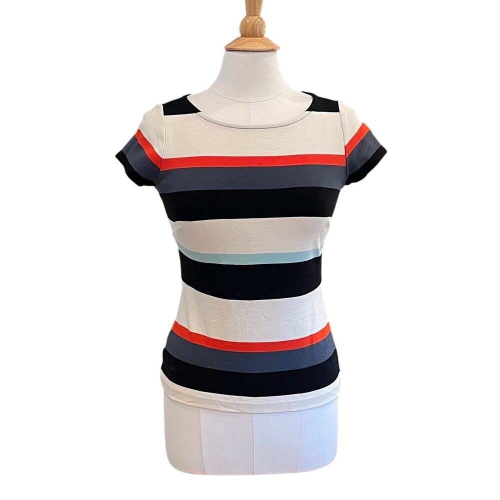 Ann Taylor Short Sleeve Striped Round Neck T-Shirt Orange Gray Fall Colors SP